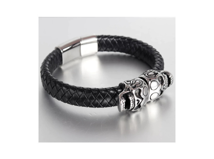 Bracelet en cuir véritable avec Double tête de mort