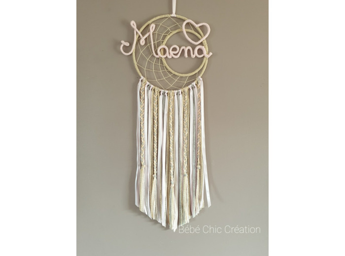 Attrape rêves prénom personnalisable, Or, blanc et Rose pâle