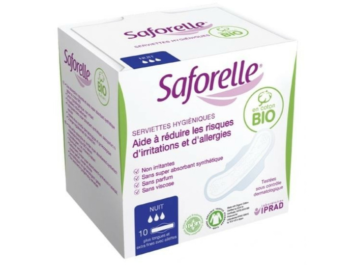 Serviettes Hygiéniques Nuit avec ailettes coton bio x10 Saforelle