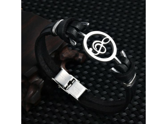 Bracelet en cuir et en acier inoxydable, note de musique