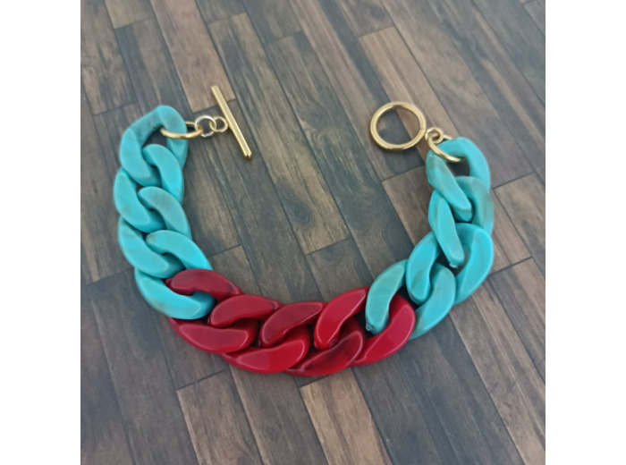 Bracelet gros maillons turquoise/rouge 2 doré   22mm