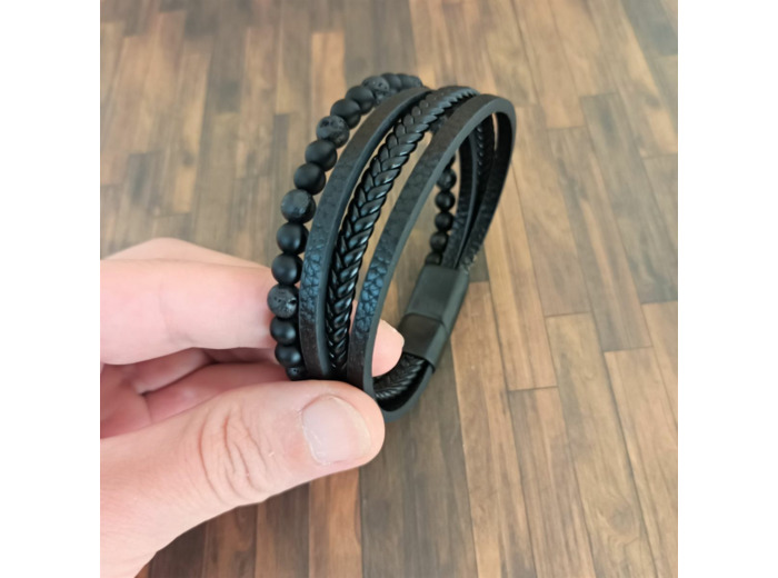 Bracelet homme 3 lanières et 1 pierres de lave