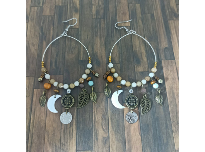 B.O. créoles jade marron/blanc et pampilles