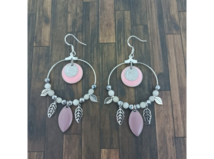 B.O. créoles argenté/rose perles de jade