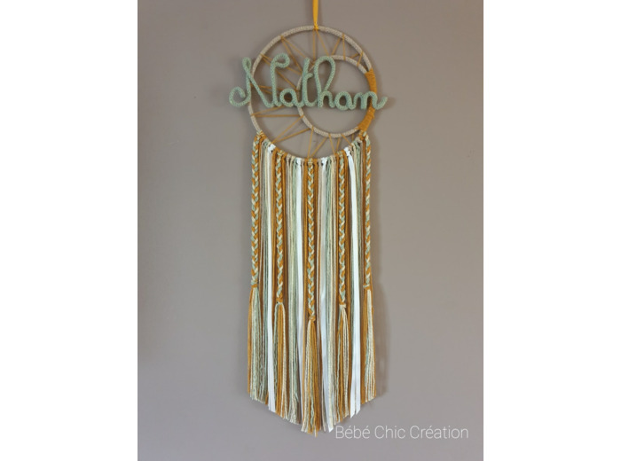 Attrape rêves prénom personnalisable, Moutarde, Vert de gris et Ficelle