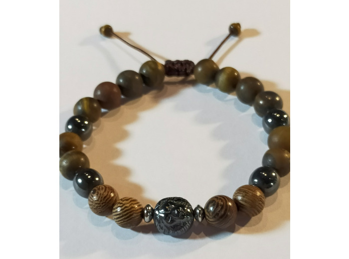Perles en bois zébré, hématite, Œil de tigre mat, lion, ajustable