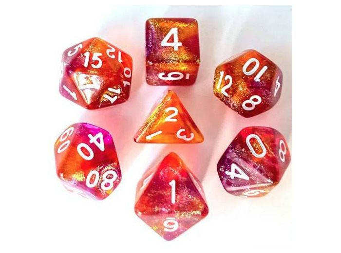 Lot de 7 Dés Resine en boîte - Violet et Orange Paillettes