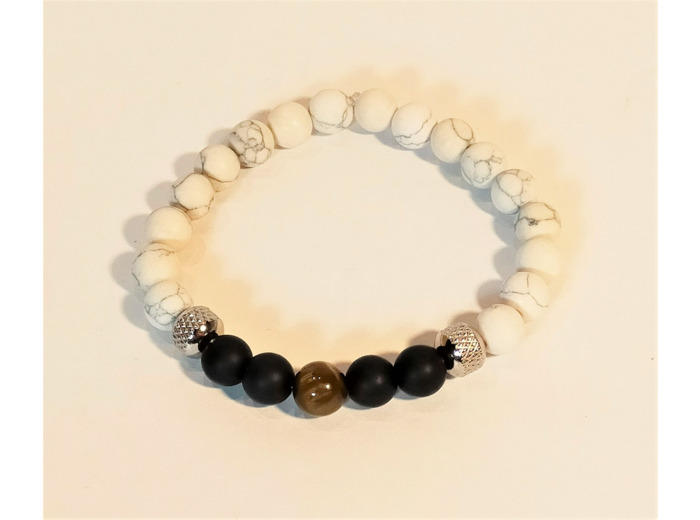 Bracelet howlite/agate noire/œil de tigre