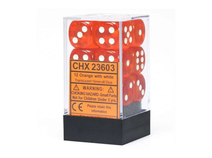 CHESSEX - Set de 12 dés 6 - TRANSPARENT - Orange/Blanc