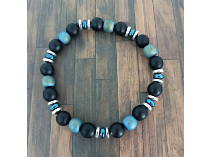 Bracelet homme agate noire/hématite