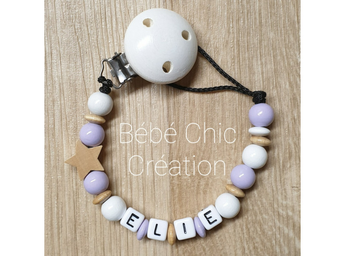 Attache sucette prénom personnalise, étoile, Lilas, blanc et bois