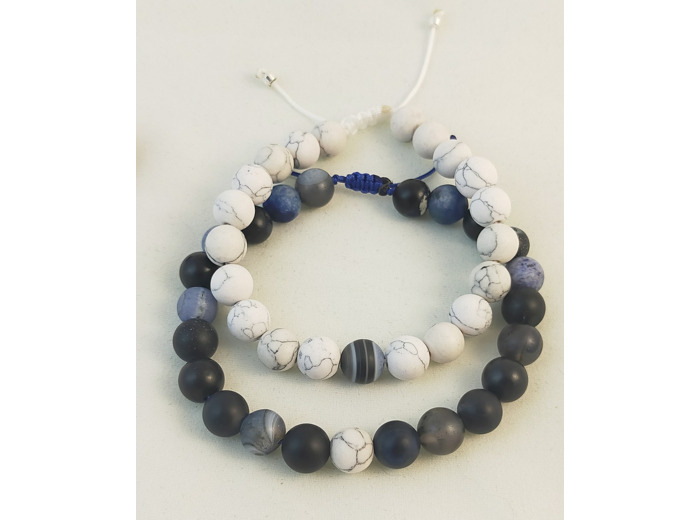 Bracelet couple agate bleu foncé multicolore/howlite
