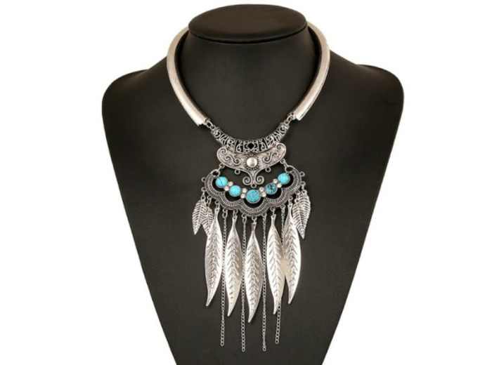 Gros collier plumes argenté/turquoise