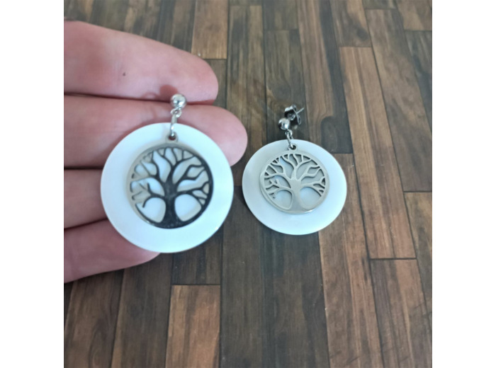 Boucles d'oreilles nacre et arbre de vie acier inoxydable