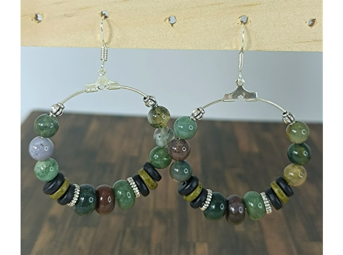 B.O. agate indienne et céramique argenté Ø 3.5cm