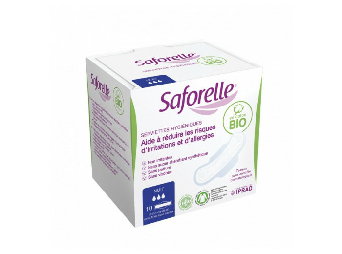 Serviettes Hygiéniques Nuit avec ailettes coton bio x10 Saforelle