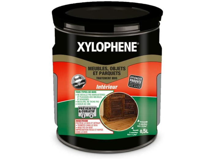XYLOPHÈNE - Traitement bois intérieur meubles/objets/parquets - Anti Insectes - Traitement Préventif et Curatif - Incolore - 0,5L