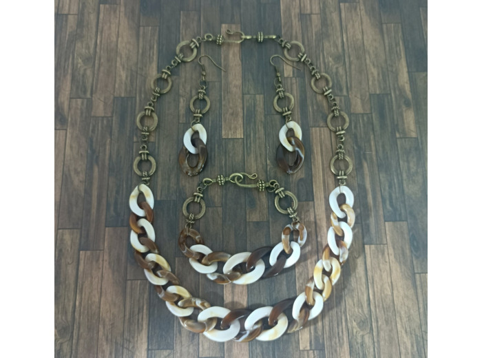 Parure 3pcs gros maillons marron/beige et bronze