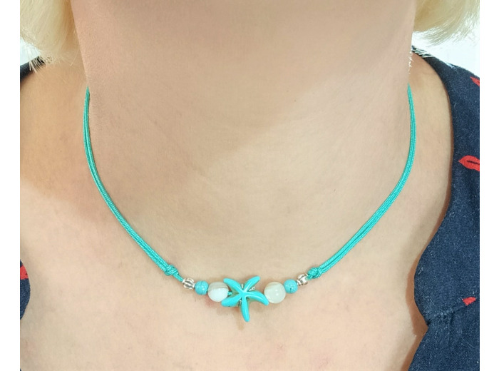 Tour de cou turquoise/nacre argenté étoile de mer