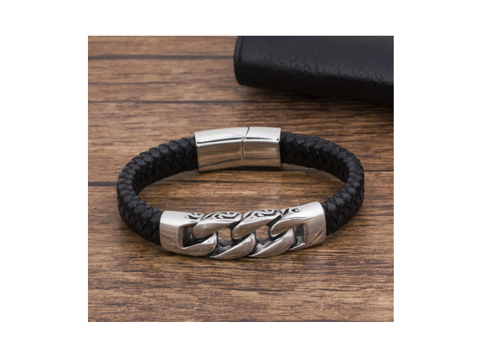 Bracelet en cuir véritable noir gros maillons 4