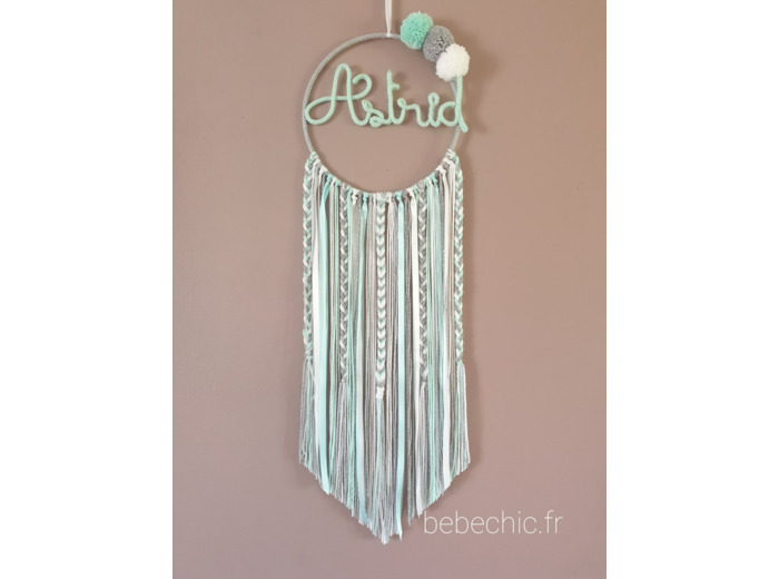 Attrape rêves personnalisable prenom, vert  d'eau, gris et blanc