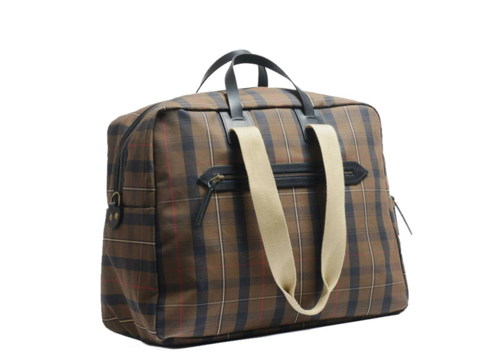 Bleu de Chauffe Sac de Voyage Cabine Aviateur Missak Cuir Et Toile Tartan Brun Rouge