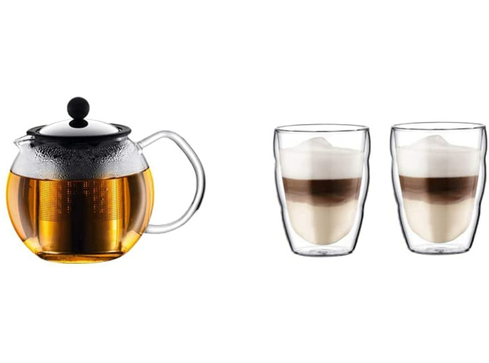 Bodum - 1807-16 - ASSAM - Théière à piston, filtre Transparent - 0,5 L & 10484-10 - Pilatus - Set de 2 Verres Double Paroi - 25 cl 0,5 L + Set de 2 Verres