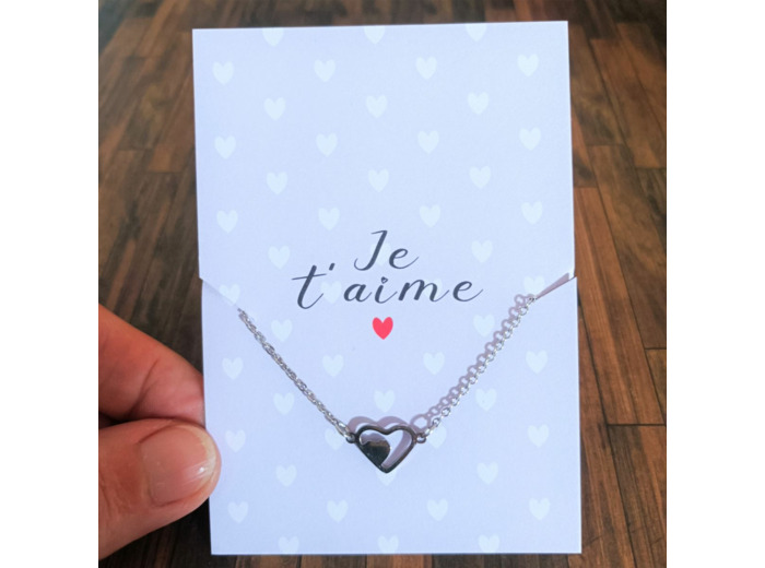 Bracelet carte "Je t'aime" cœur en acier inox