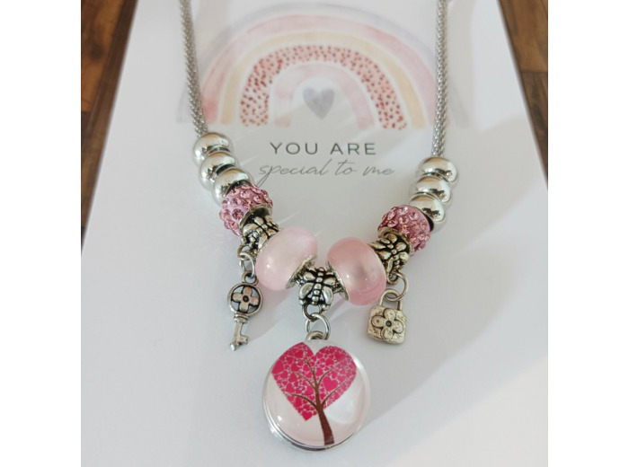 Collier rose avec bouton pression arbre de vie