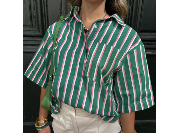 Blouse Marie île de Ré à rayures gazon et rose