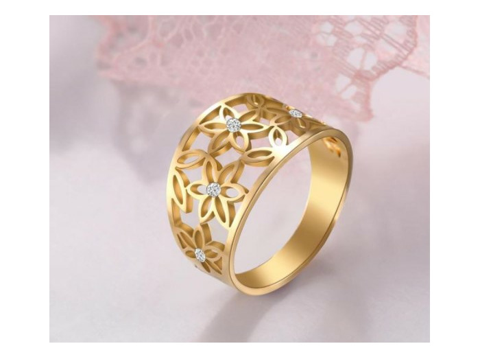 bague en Zircon fleur de vie en acier inoxydable doré