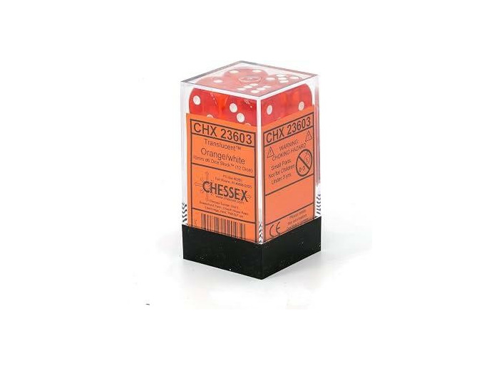 CHESSEX - Set de 12 dés 6 - TRANSPARENT - Orange/Blanc