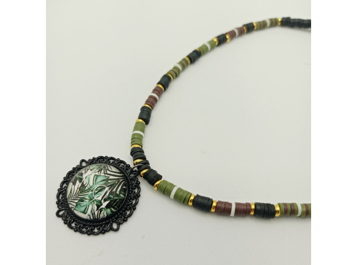 Tour de cou perles heishi noir/kaki/blanc/doré