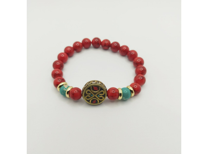 Bracelet jade rouge/jaspe impérial, perle tibétaine