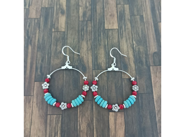 Créoles turquoise/rouge/fleurs