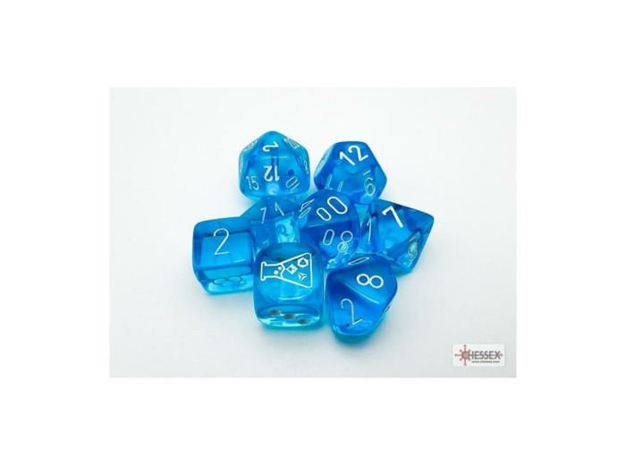 CHESSEX - Set de 8 dés - TRANSPARENT Bleu Tropical / Blanc