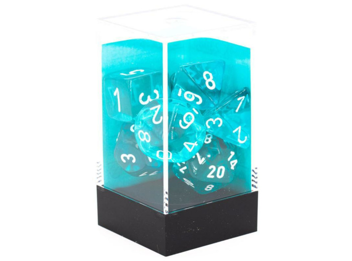 CHX23085 - Set de 7 dés - TRANSPARENT - Sarcelle/Blanc