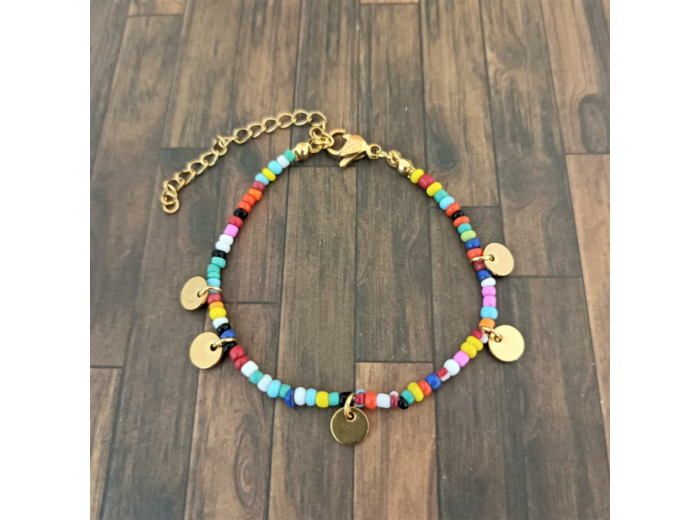 Bracelets en acier inox rocailles et pampilles doré multicolore