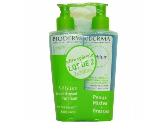 Gel nettoyant 2x200ml Sebium Gel Moussant peaux grasses Bioderma