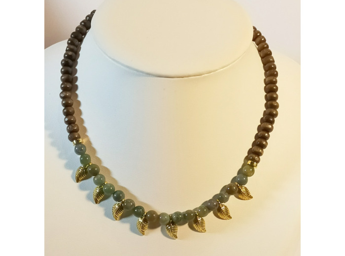Collier agate indienne/bois/feuilles dorées
