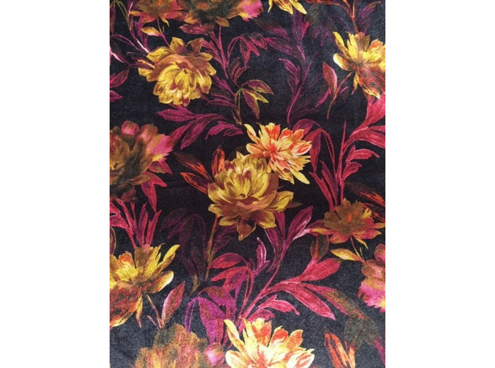 Tissu panne de velour imprimé fleuri bordeaux et moutarde