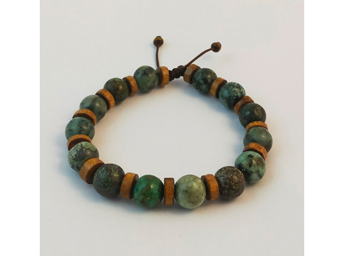 Bracelet ajustable turquoise africaine et bois