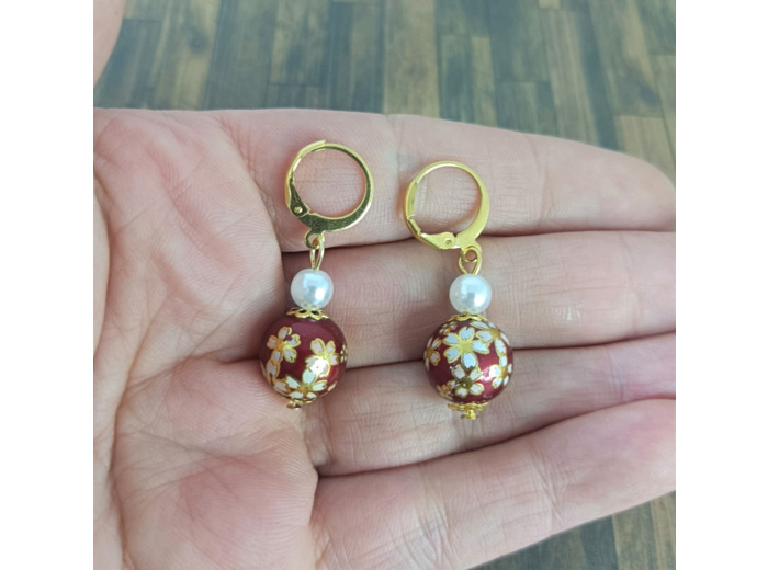 Boucles d'oreilles émaillées rouge/doré/blanc