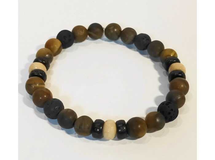 Agate beige, bois gravé, œil de tigre mat, pierre de lave