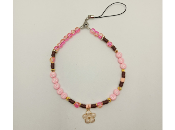 Bijou de portable marron/rose/doré "MERCI LA VIE"