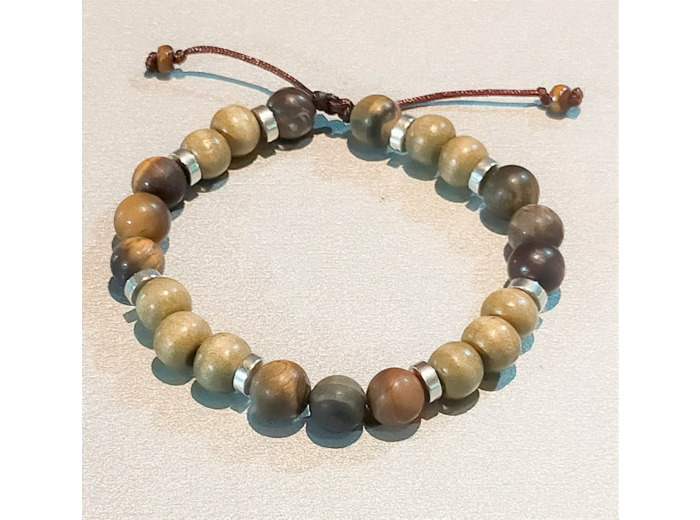 Perles en bois kaki + œil de tigre mat + métal argenté, ajustable