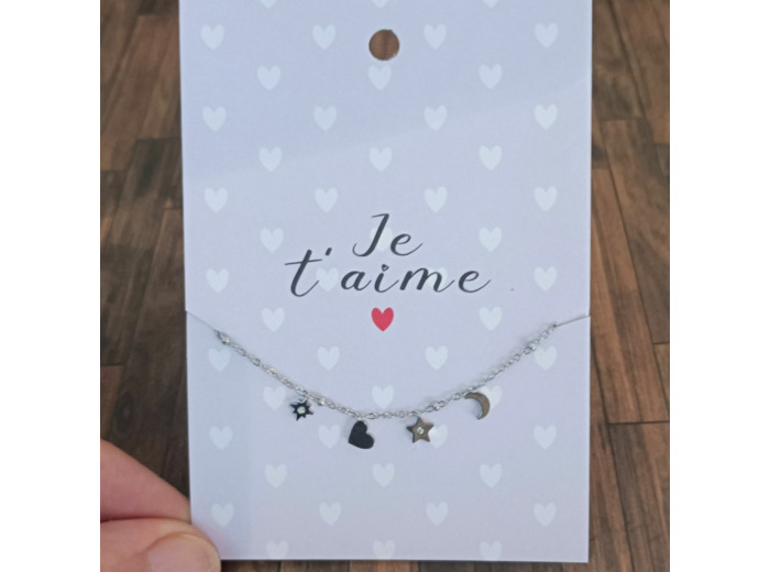 Bracelet carte "Je t'aime" chaîne et breloques en acier inox
