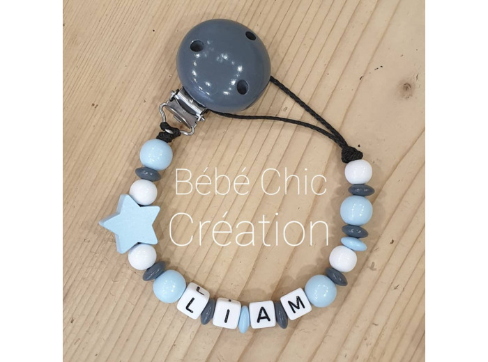 Attache sucette prénom personnalise Bleu ciel blanc et Anthracite
