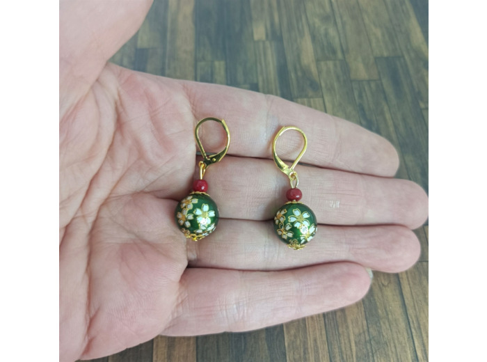 Boucles d'oreilles émaillées vert/doré/rouge