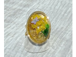 Bague résine ovale doré fleurs jaunes/vert #6